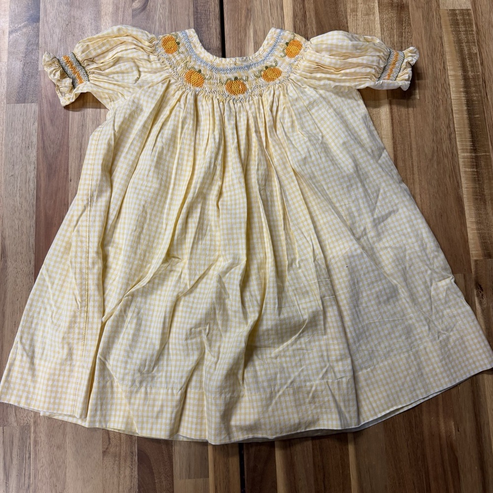 Carousel Wear Girls 12M Yellow Gingham Smocked Pumpkin Bishop Fall Dress